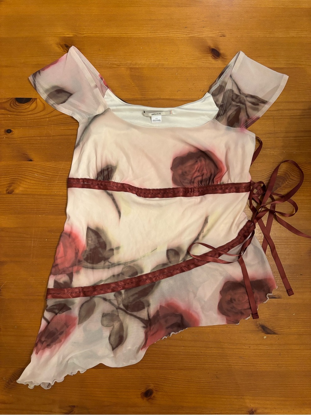 KIMCHI BLUE Floral Mesh Wrap Top with Ribbon Detail - Pink & Burgundy